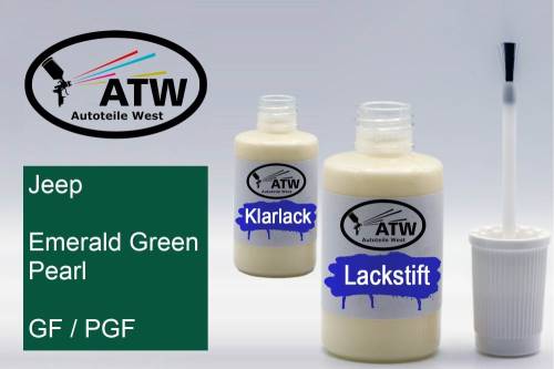 Jeep, Emerald Green Pearl, GF / PGF: 20ml Lackstift + 20ml Klarlack - Set, von ATW Autoteile West.